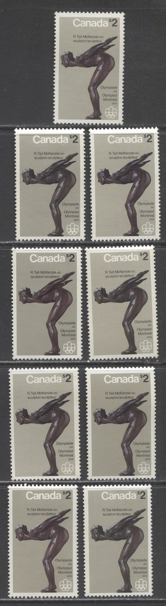 Canada #657 $2 Multicolored The Plunger, 1975 Olympic Sculptures Issue, 9 F/VFNH Singles With Different Paper & Shade Varieties