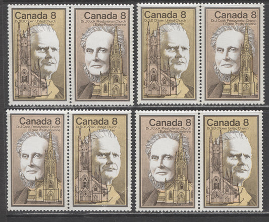 Canada #663a,aii 8c Dark Brown, Yellow & Buff Dr Samuel Chown & Dr John Cook, 1975 Canadian Personalities, 4 VFNH Pairs On LF/F, LF/LF, DF/DF & DF/NF Papers