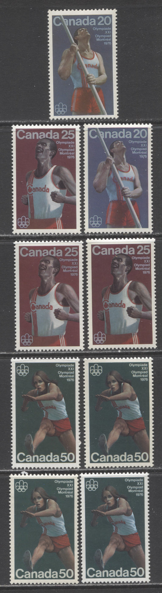 Canada #664-666 20c-50c Multicolored Pole Vault, Marathon & Hurdles, 1975 Track & Field Sports Issue, 9 VFNH Singles On Various HB/HB, HF/HB, HF/HF & MF/HB Papers With Shade Variations