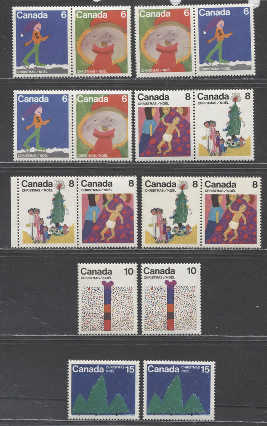 Canada #674-679 1975 Christmas Issue, A Group of VFNH Singles and Pairs, Being Printed on MF/HF, HF/HB, MF/HB, LF/MF and HF/HF Papers