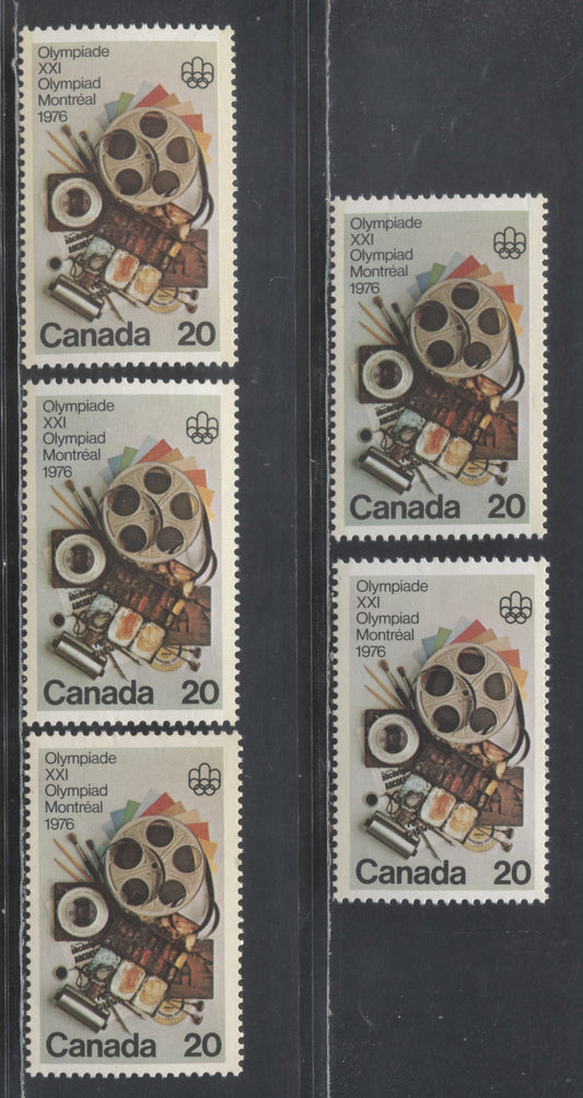 Canada #684 20c Multicolored Communications, 1976 Olympic Arts & Culture Issue, 5 VFNH Singles With 3 Different Papers & 2 Different Background Shades