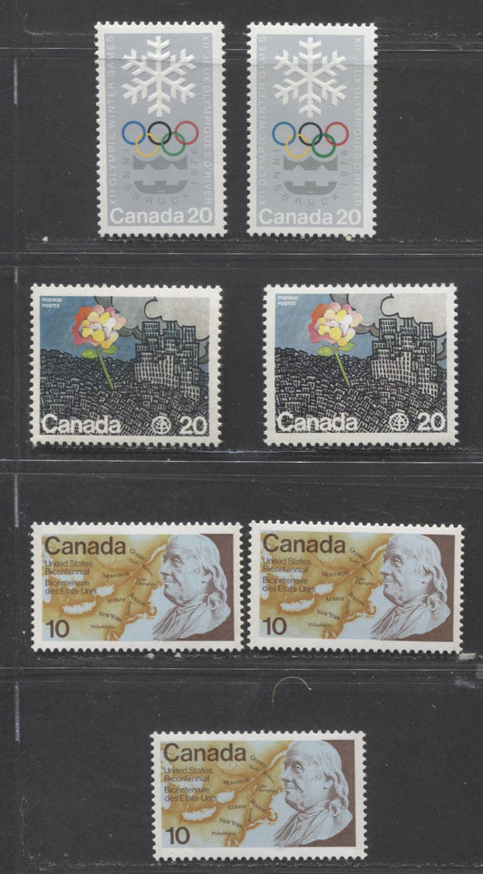 Canada #689-691i 10c & 20c Multicoloured 1976 Innsbruck Winter Olympics – US Bicentennial, A Specialized Group of VFNH Singles on Different Papers, With Different Background Shades