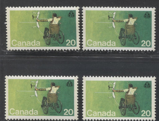 Canada #694, 694i 20c Multicoloured 1976 Handicapped Olympics, A Specialized Group of VFNH Singles on Different Papers