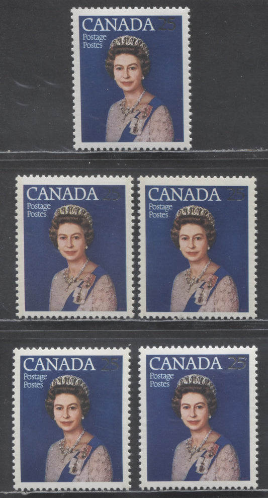 Canada #704, 704i 25c Silver & Multicolored Queen Elizabeth II, 1977 Silver Jubilee Issue, 5 VFNH Singles With LF3/LF3, LF3/LF3-fl, DF/DF2, DF/DF & DF2/DF-fl Papers