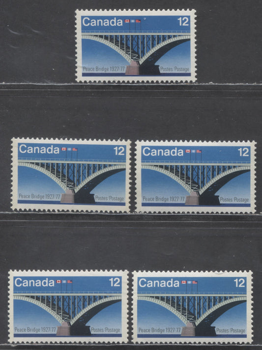 Canada #737, ii, iii 12c Multicolored Peace Bridge, 1977 Peace Bridge Issue, 5 VFNH Singles On DF/DF, LF/F & F/MF Papers