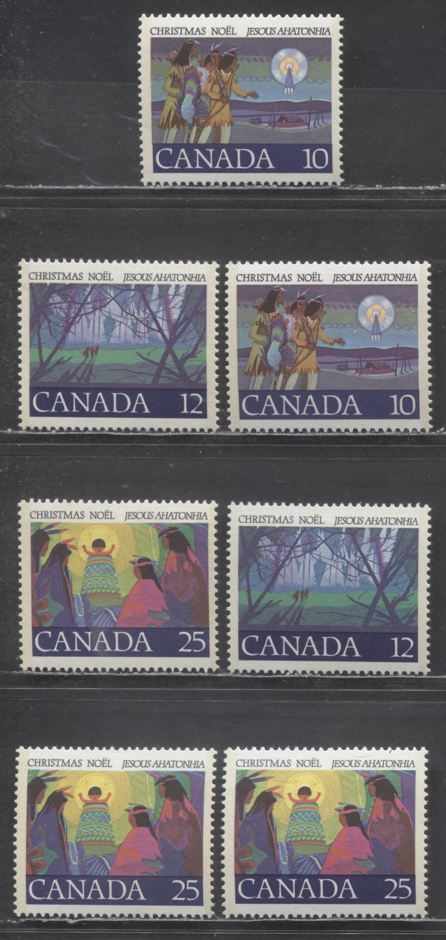 Canada #741-743 10c-25c Multicolored Hunters Following Star - Christ Child, 1977 Christmas Issue, 7 VFNH Singles On DF/DF, DF/LF, LF/LF & LF/F Papers