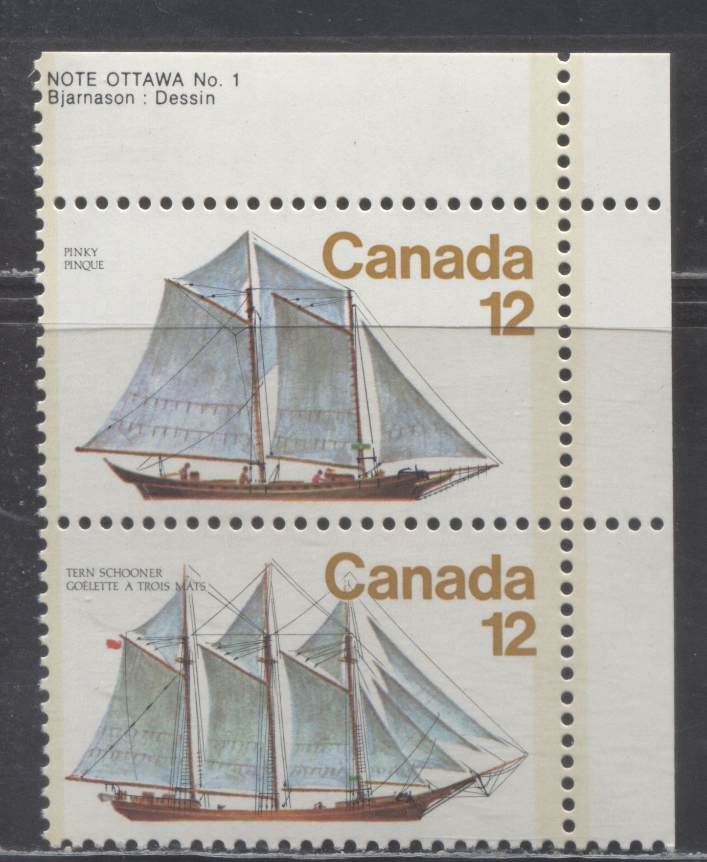 Canada #745i 12c Multicolored Tern Schooner, 1977 Sailing Vessels Issue, A VFNH Pair With Notch In A Of Canada On Scarcer DF1/NF Paper