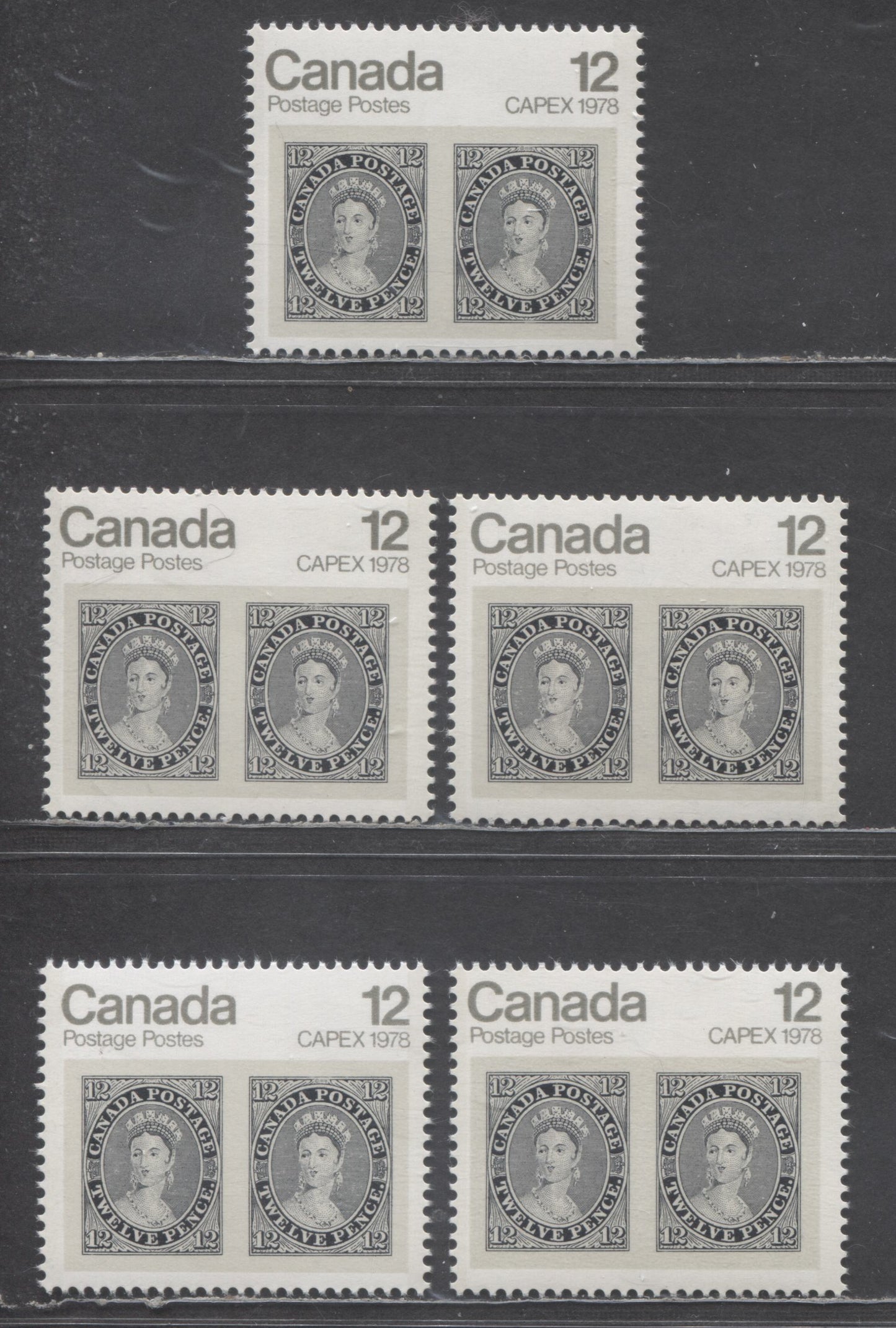Canada #753 12c Multicolored Queen Victoria, 1978 CAPEX Issue, 5 VFNH Singles On DF/LF & DF/DF Papers