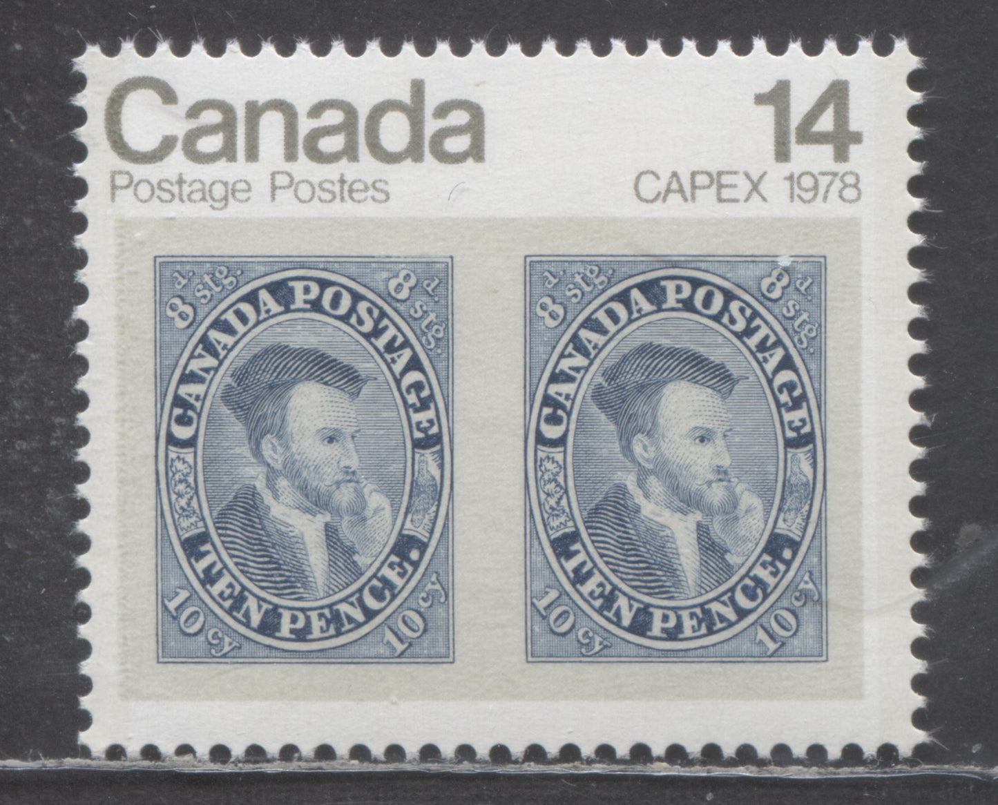 Canada #754var 14c Blue & Multicolored Jacques Cartier, 1978 CAPEX Issue, A VFNH Single With Major Re-Entry, Doubling Of Shading Lines & Dots On Cartier's Face On Left Stamp, Printed On DF1/DF2 Which Appears LF