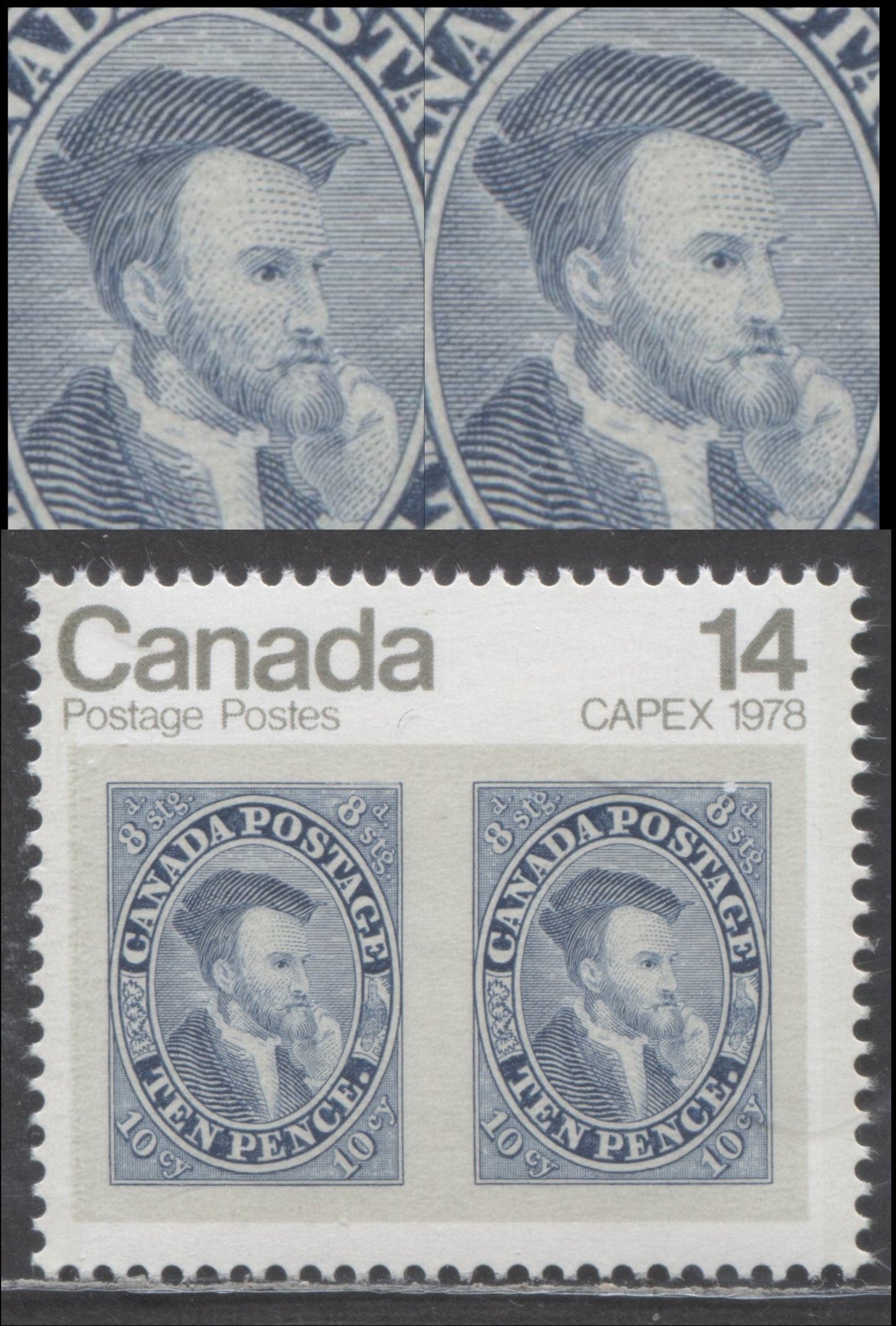 Canada #754var 14c Blue & Multicolored Jacques Cartier, 1978 CAPEX Issue, A VFNH Single With Major Re-Entry, Doubling Of Shading Lines & Dots On Cartier's Face On Left Stamp, Printed On DF1/DF2 Which Appears LF