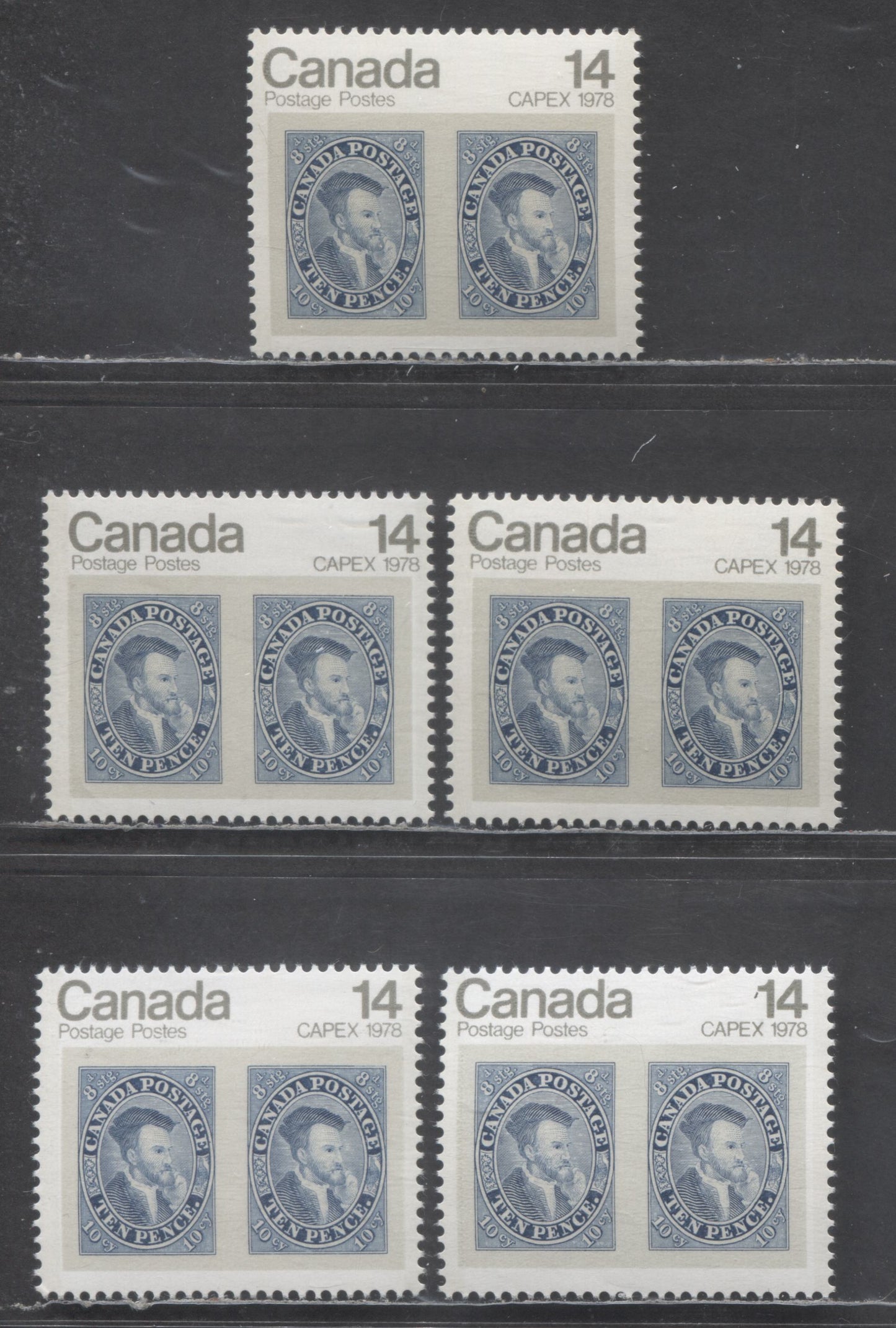 Canada #754, 754i 14c Blue & Multicolored Jacques Cartier, 1978 CAPEX Issue, 5 VFNH Singles With DF/NF, DF/DF & LF/LF Papers