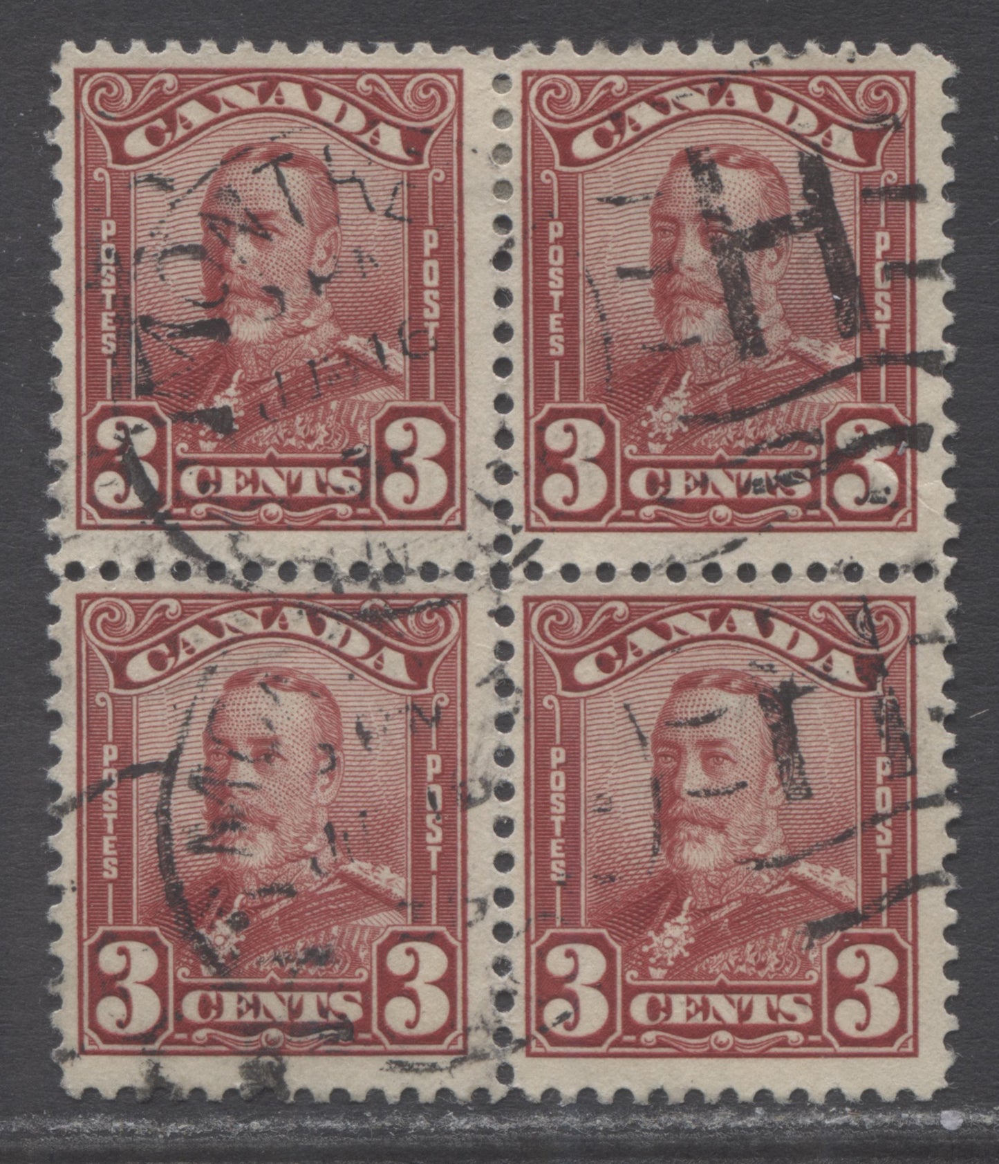 Canada #151 3c Dark Carmine King George V, 1928-1929 Scroll Issue, A Fine Used Block Of 4, Scarce