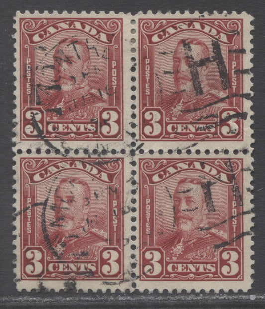Canada #151 3c Dark Carmine King George V, 1928-1929 Scroll Issue, A Fine Used Block Of 4, Scarce