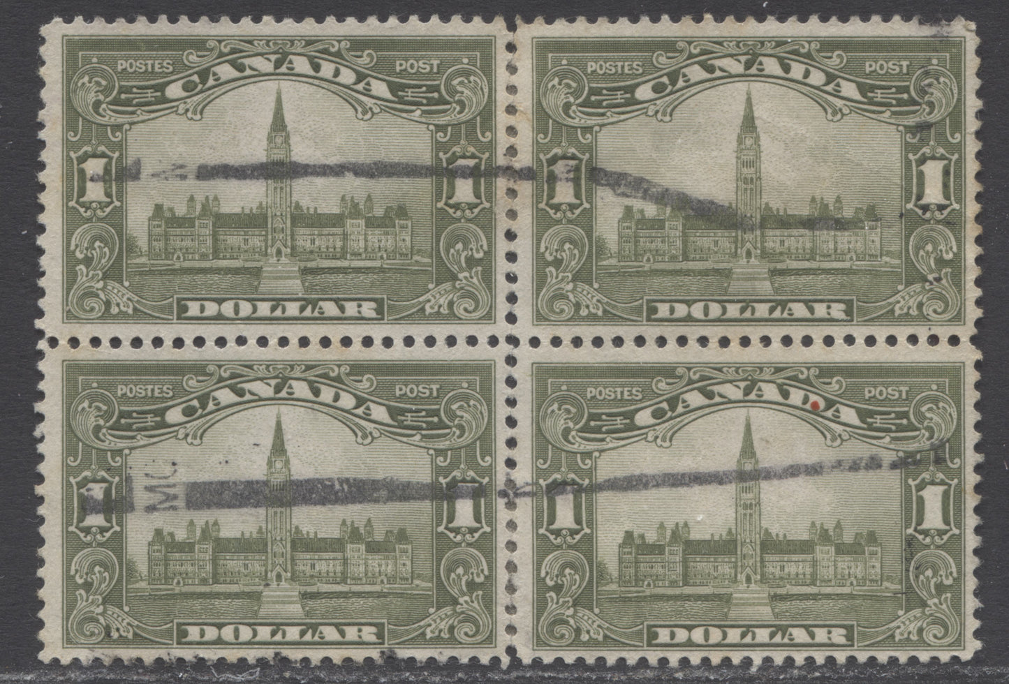 Canada #159 $1 Olive Green Parliament Building, 1928-1929 Scroll Issue, A Fine Used Block Of 4, Scarse, Hinge Reinforced To Repair Perf Separation