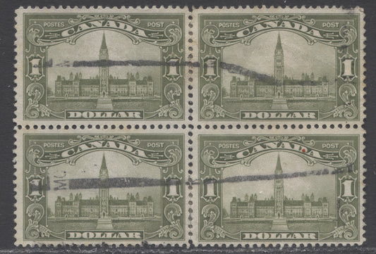 Canada #159 $1 Olive Green Parliament Building, 1928-1929 Scroll Issue, A Fine Used Block Of 4, Scarse, Hinge Reinforced To Repair Perf Separation