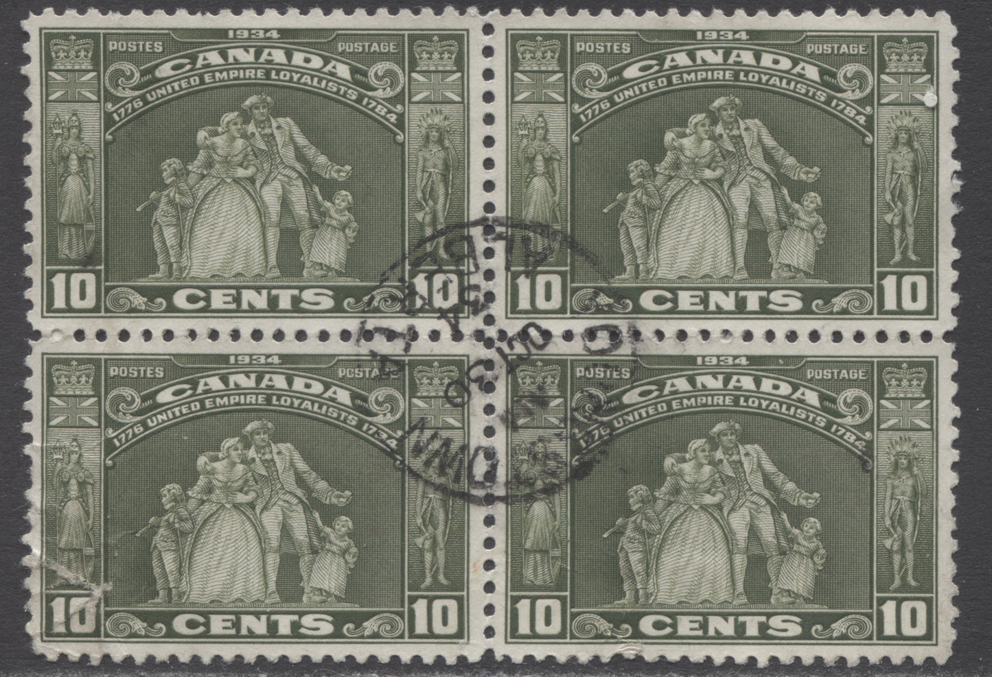 Lot 444 Canada #209 10c Olive Green Loyalist Statue, 1934 Loyalists Issue, A Fine/Very Fine Used Block Of 4 In Period (Oct. 30, 1934) Own Sound CDS Cancel, 2 Short Perfs, Scarce Used