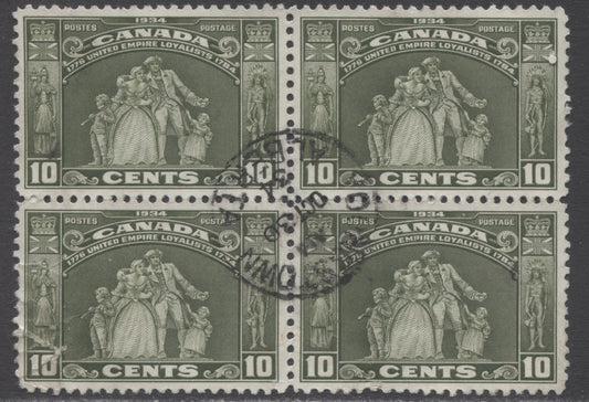 Lot 444 Canada #209 10c Olive Green Loyalist Statue, 1934 Loyalists Issue, A Fine/Very Fine Used Block Of 4 In Period (Oct. 30, 1934) Own Sound CDS Cancel, 2 Short Perfs, Scarce Used