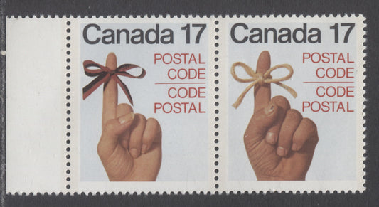 Canada #816avar 17c Multicolored Female Red & Male Yellow Hand Ribbons, 1979 Postal Code Issue, A VFNH Se-Tenant Pair On Unlisted LF/LF-fl Paper; Most Of These Are Either NF/NF Or DF/DF Paper