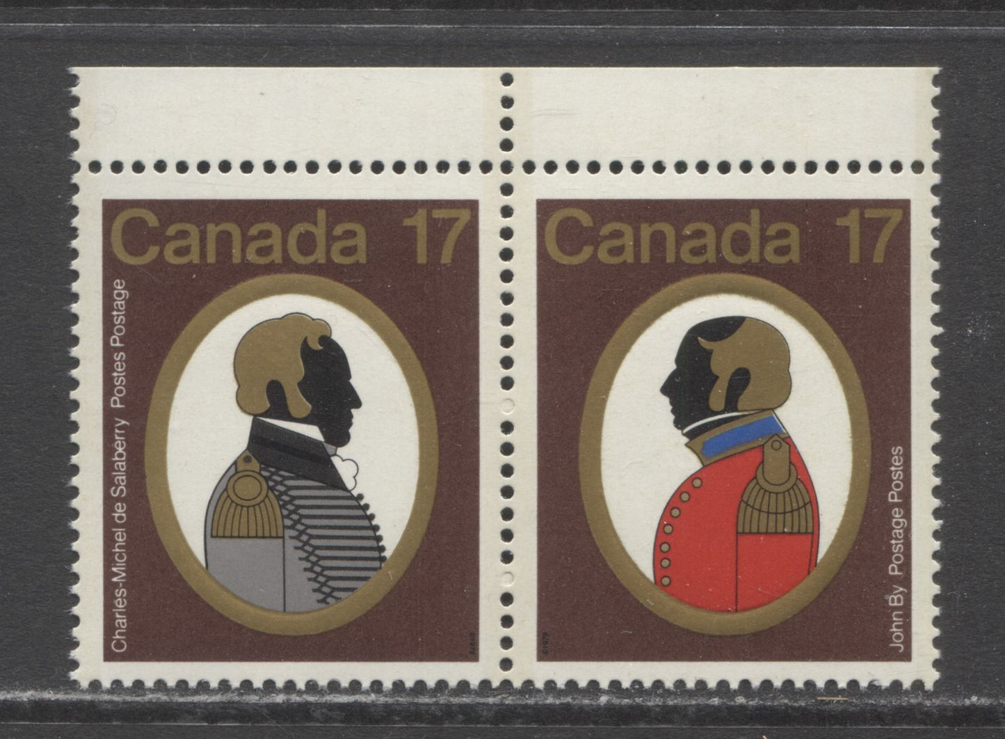 Canada #820avar 17c Multicolored Colonel C.M de Salaberry & Colonel John By, 1979 Canadian Colonels Issue, A VFNH Pair On DF/DF-fl Paper With Fluorescent Ink On John By's Uniform