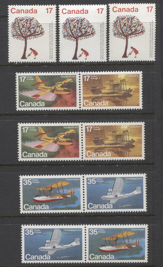 Canada #842, 844a, 846a 17c-35c Multicoloured, 1979 Year Of The Child & Flying Boats, A Specialized Group of VFNH Singles and pairs On NF/NF, DF/DF and DF/LF Papers