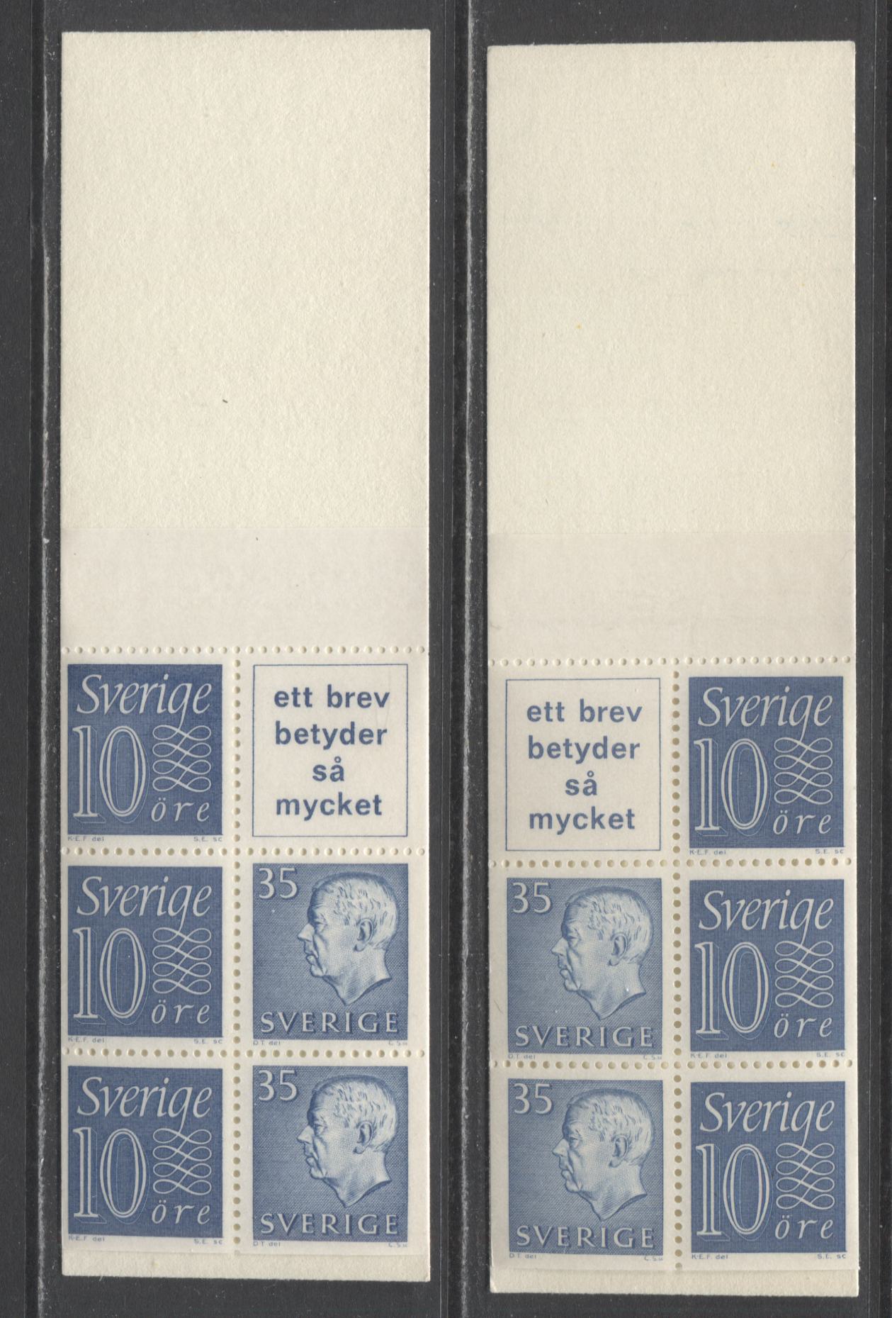 Sweden SC#586c (Facit #HA11BRH)/586c (Facit #HA11BRV) 1963 King Gustav VI Adolf Definitive Issue, With Inscribed Labels, Upright Panes, 10 Ore Stamps At Right and Left, Repeating Text Cover, 2 VFNH Booklets of 6 (2 +3 + Label), Estimated Value $5