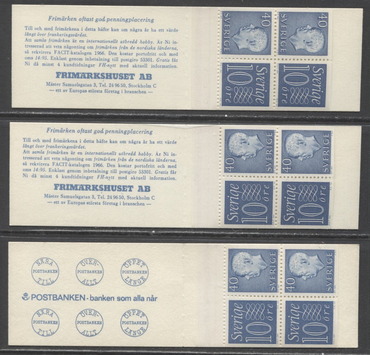 Sweden SC#669b (Facit #HA12ARV/HA12B1RV) 1964 Re-Engraved King Gustav VI Adolf Definitive Issue, Different Back Cover Designs, Upright & Inverted Panes, 10 Ore Stamps At left and Right, 6 VFNH Booklets of 4 (2 +2), Estimated Value $22