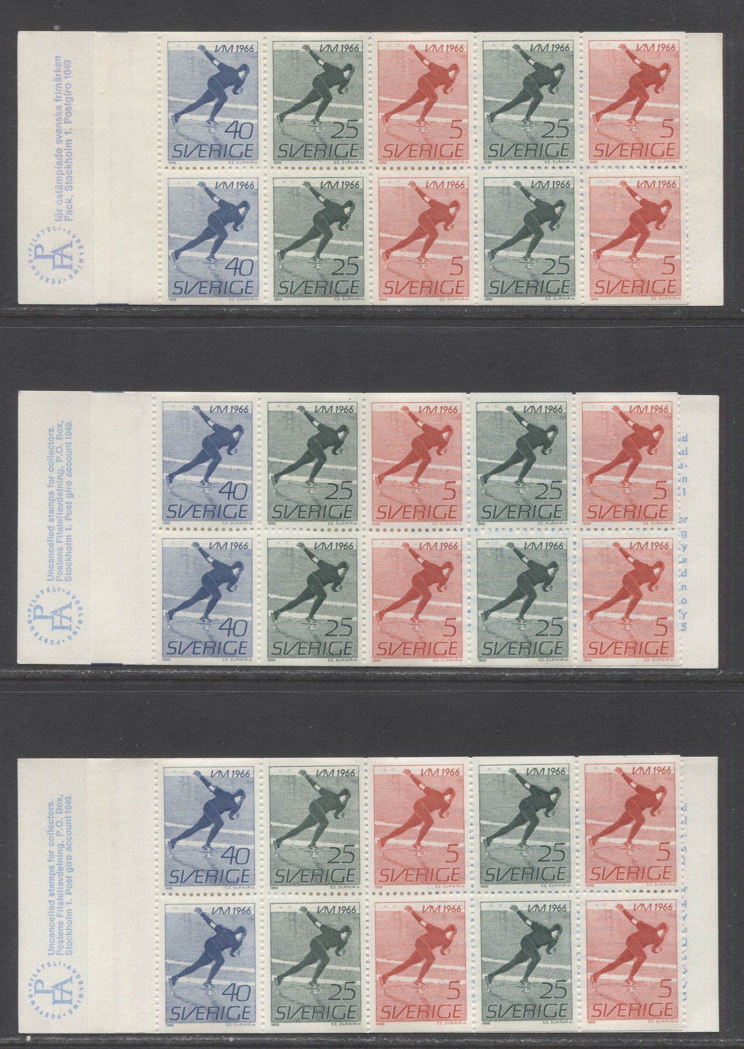 Sweden SC#698a (Facit #H176A1/H176B2) 1966 World Speed Skating Championships Issue, Bright Blue on White English, And Ultramarine Swedish Covers, Bisected and No Registration Markings, 3 VFNH Booklets of 10 (2+4+4), Estimated Value $7