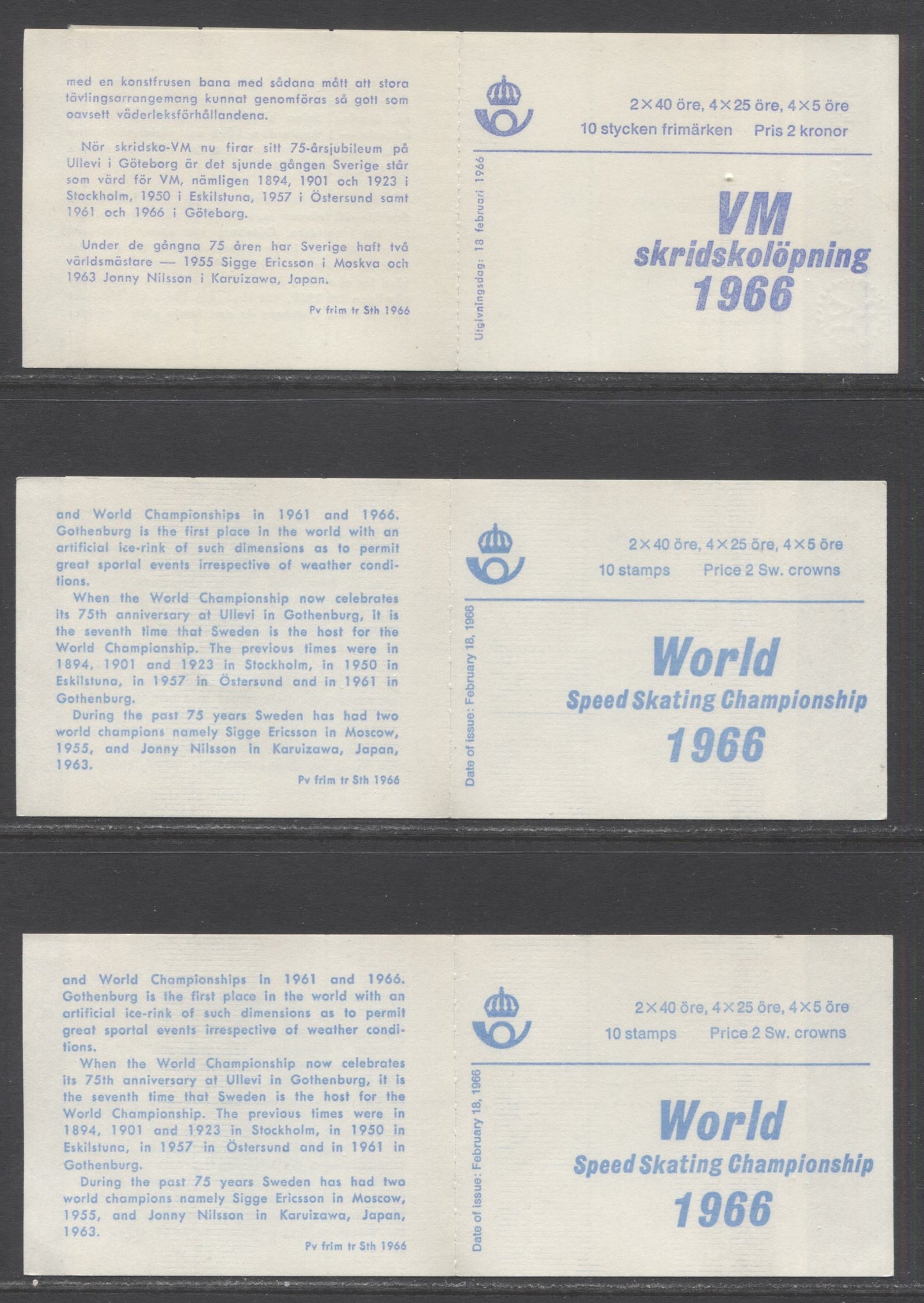 Sweden SC#698a (Facit #H176A1/H176B2) 1966 World Speed Skating Championships Issue, Bright Blue on White English, And Ultramarine Swedish Covers, Bisected and No Registration Markings, 3 VFNH Booklets of 10 (2+4+4), Estimated Value $7