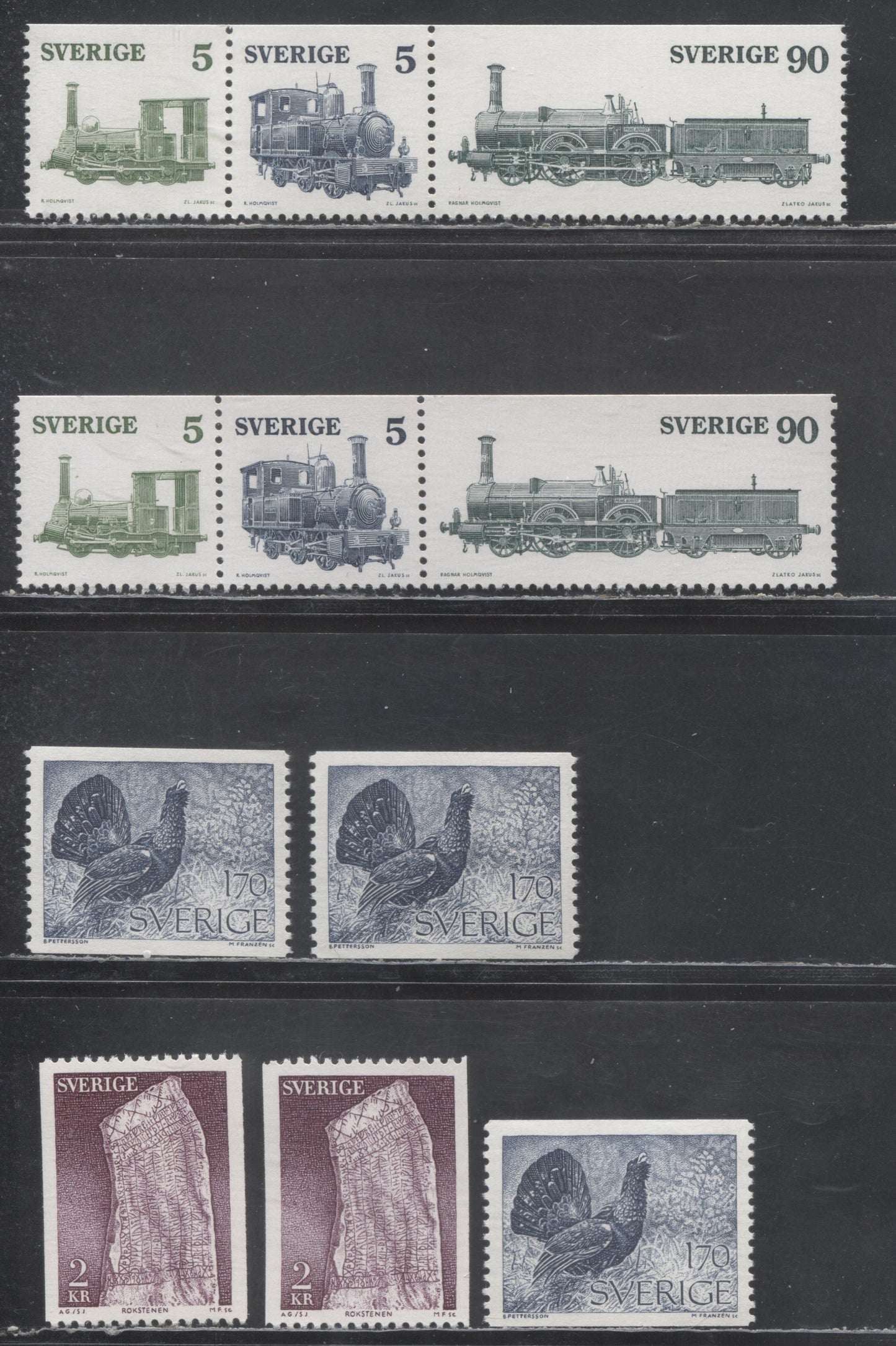 Sweden SC#1119/1136 1975 Capercaille & Rok Stone - 1975 Trains issues, With Strong And Weak Tagging, 11 VFNH Singles, Click on Listing to See ALL Pictures, Estimated Value $15