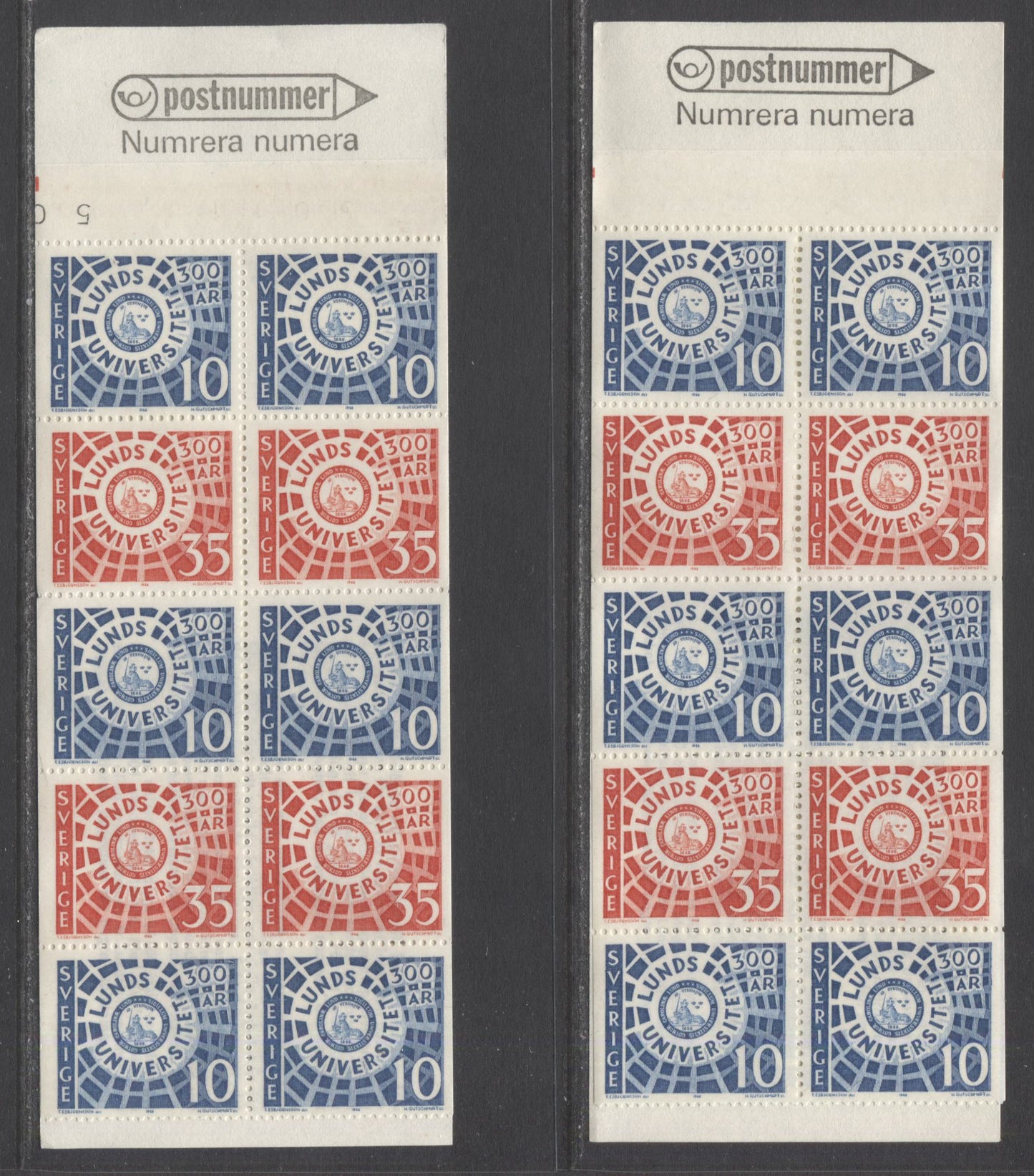 Sweden SC#781a (Facit #H206) 10 ore Blue & 35 Ore Scarlet 1968 Lund University Issue, MF Covers, Blank Tab and 2 Digits of Control Number on Tab, 2 VFNH Booklets of 10 (6+4), Click on Listing to See ALL Pictures, Estimated Value $5