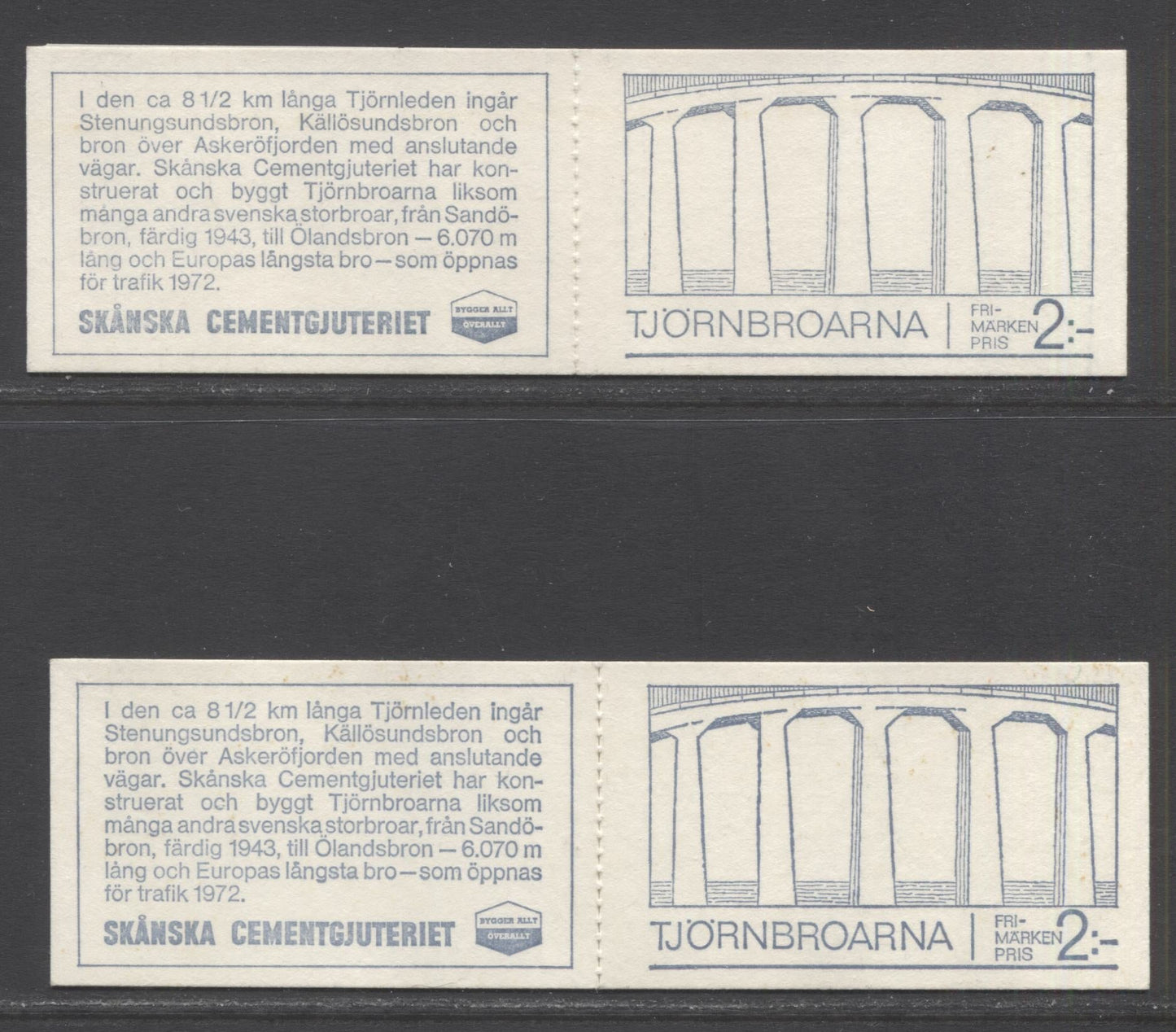 Sweden SC#824a (Facit #HA18B) 15 Ore, 30 Ore & 55 Ore Various Colours 1969 Tjorn Bridges Issue, Perforated Cover Spine, NF & DF Covers, 2 VFNH Booklets Of 6 (2x3), Click on Listing to See ALL Pictures, Estimated Value $15