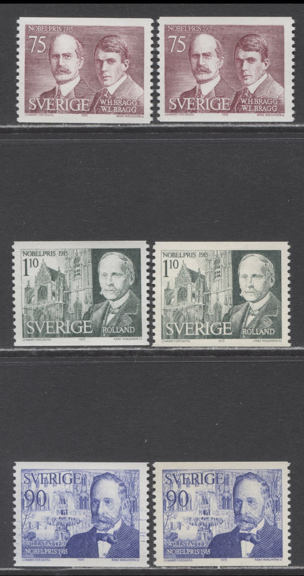 Sweden SC#1149-1151 1975 1915 Nobel Prize Winners Issue, With Strong And Weak Tagging, Plus Ink Drag Flaw, 6 VFNH Singles, Click on Listing to See ALL Pictures, Estimated Value $10