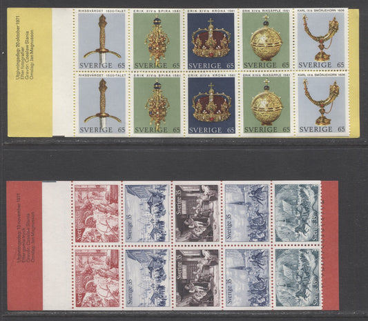Sweden SC#903a (Facit #248B)-908a (Facit #249A) 1971 Crown Regalia and Christmas Issues, Bisected Registration Marking in Tab, Dull Red Cover, 2 VFNH Booklets of 10, Click on Listing to See ALL Pictures, Estimated Value $30