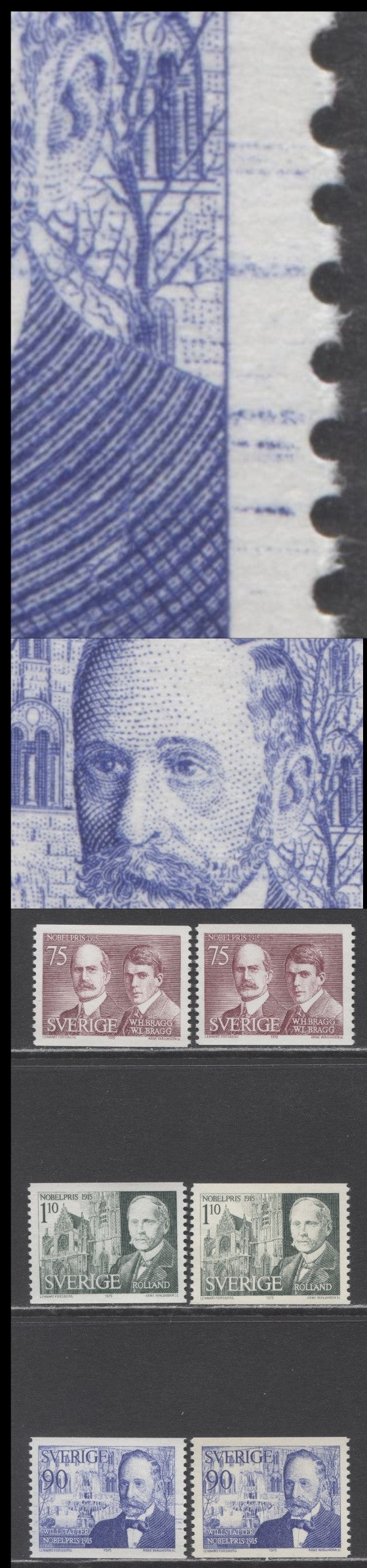 Sweden SC#1149-1151 1975 1915 Nobel Prize Winners Issue, With Strong And Weak Tagging, Plus Ink Drag Flaw, 6 VFNH Singles, Click on Listing to See ALL Pictures, Estimated Value $10