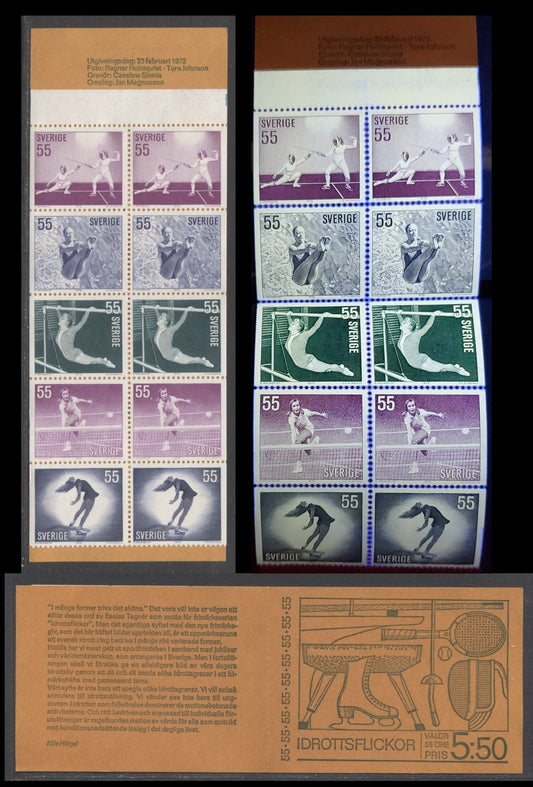 Sweden SC#918a (Facit #H253) 55 Ore Blue, Blue Green & Purple 1972 Women Athletes Issue, Strong Tagging, A VFNH Booklet of 10, Click on Listing to See ALL Pictures, Estimated Value $20