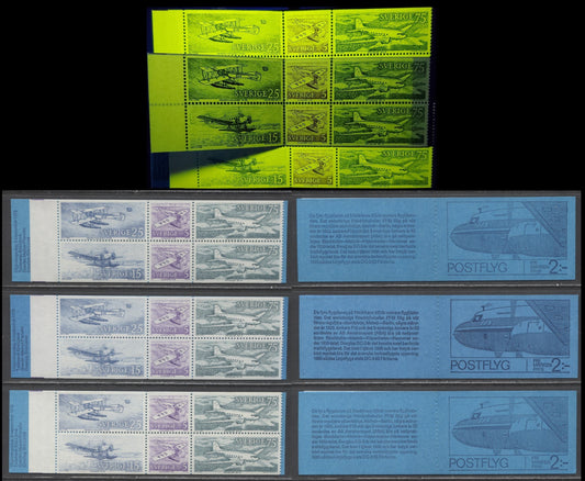 Sweden SC#939a (Facit #HA21A) 5 Ore Lilac, 25 Ore Blue & 75Ore Slate Green,  1972 Historic Planes Issue, DF and NF Covers, Strong and Short Tagging, 3 VFNH Booklets of 6 (2x3), Click on Listing to See ALL Pictures, Estimated Value $12