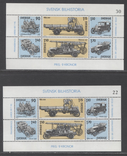 Sweden SC#1334 1.4kr-1.7Kr Multicoloured 1980 Swedish Automobile History Issue, On DF and LF Paper, 2 VFNH Sheetlets of 6, Click on Listing to See ALL Pictures, Estimated Value $14