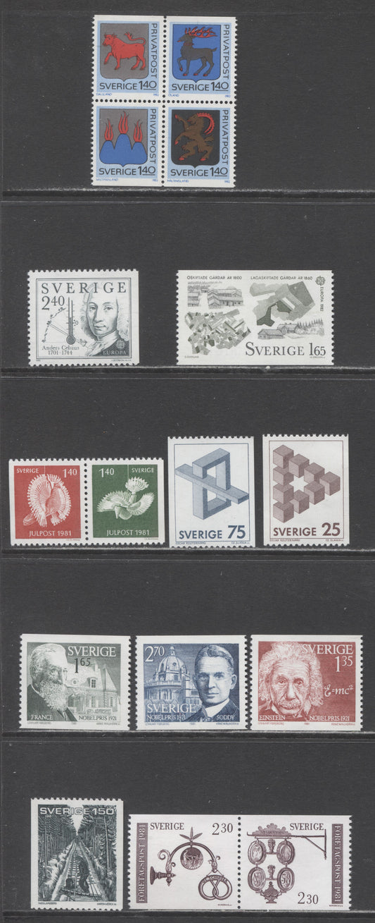 Sweden SC#1377/1406 1981 Par Lagerkvist - 1982 Provincial Arms Issue, 15 VFNH Singles and Booklet Block of 4, Click on Listing to See ALL Pictures, 2017 Scott Cat. $24.8