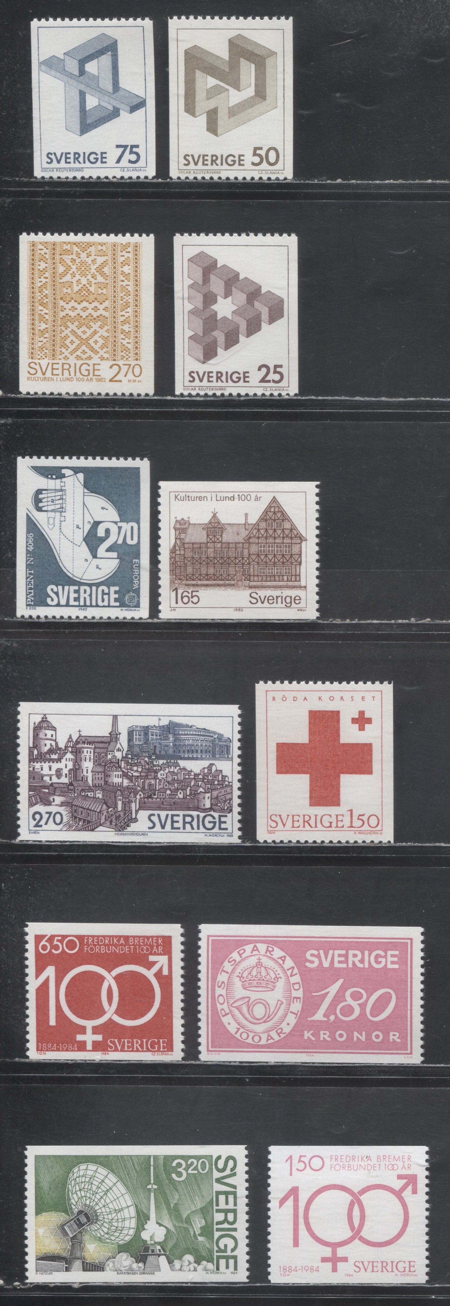 Sweden SC#1396/1515 1982 Geometric Figures -1984 Viking Satellite Issue, With Control Numbers On Back, 12 VFNH Singles, Click on Listing to See ALL Pictures, Estimated Value $18