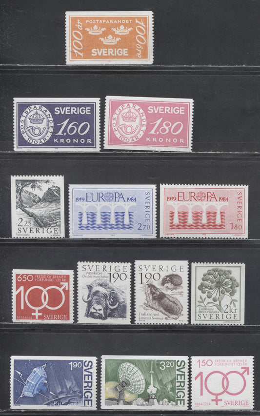 Sweden SC#1483/1515 1984 Postal Savings Centenary - 1984 Viking Satellite Issue, 13 VFNH Singles, Click on Listing to See ALL Pictures, 2017 Scott Cat. $15.05