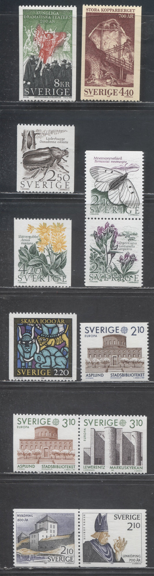 Sweden SC#1623/1693 1987 Nature Conservation - 1988 Royal Dramatic Theatre, 12 VFNH Singles, Click on Listing to See ALL Pictures, 2017 Scott Cat. $18.1