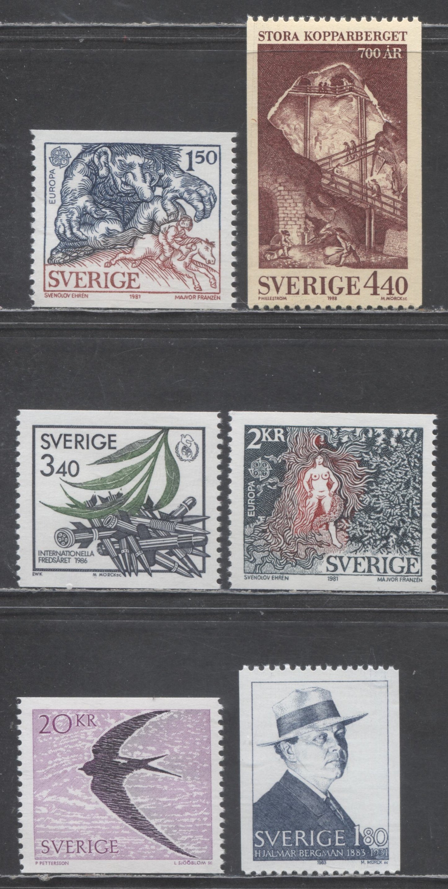 Sweden SC#1352/1703 1981 Europa - 1988 Common Swift Issue, 6 VFNH Singles, Click on Listing to See ALL Pictures, Estimated Value $20