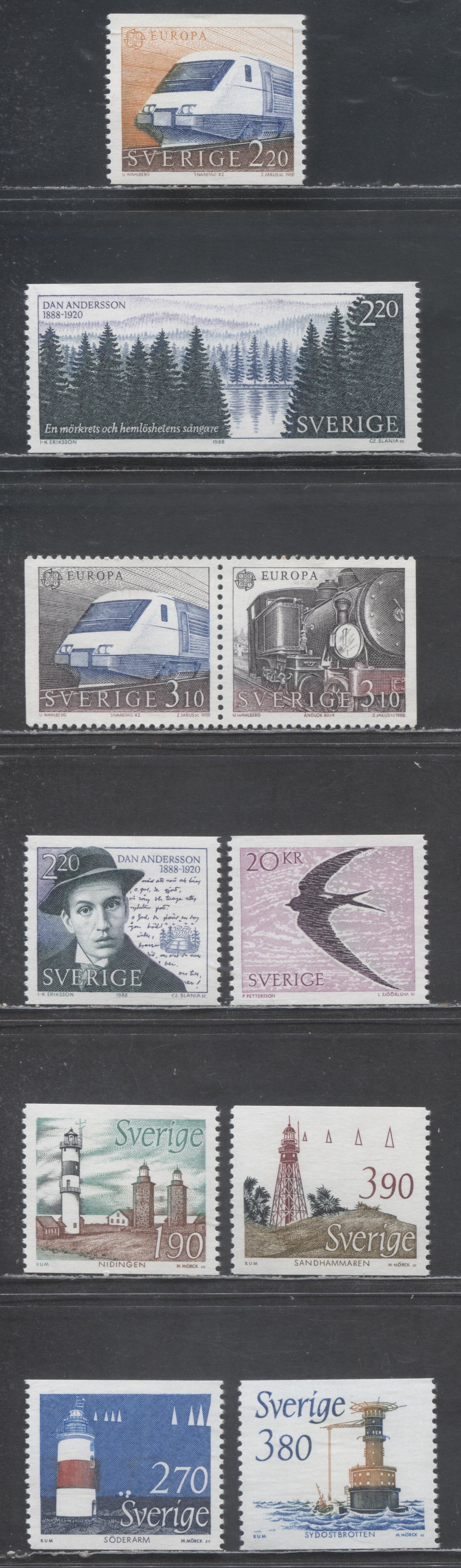 Sweden SC#1700/1722 1988 Europa - 1989 Lighthiuses Issues, 10 VFNH Singles, Click on Listing to See ALL Pictures, 2017 Scott Cat. $20.45