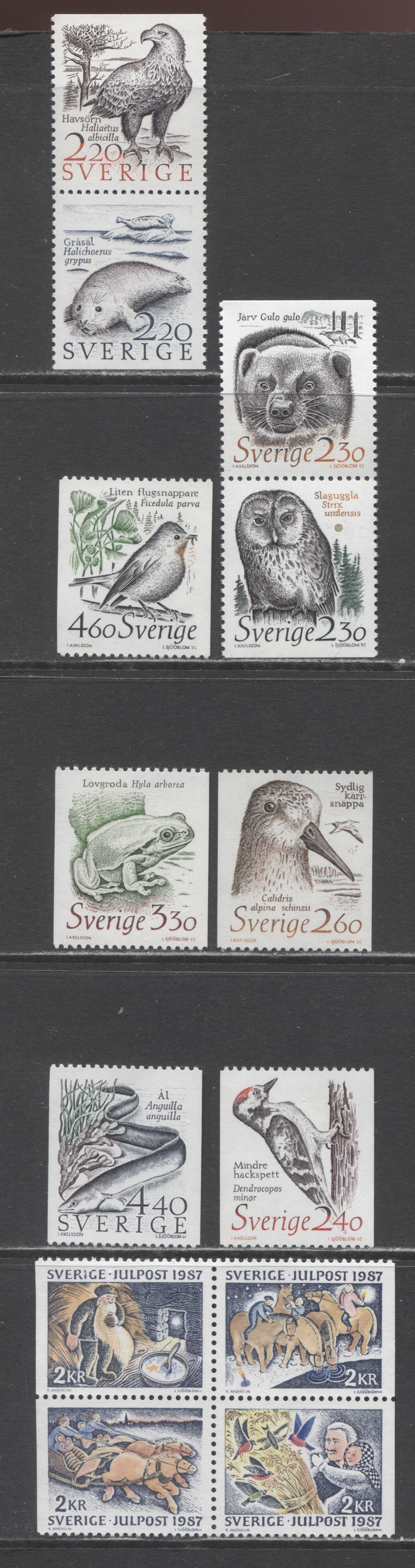 Sweden SC#1657/1728 1987 Christmas - 1989 Endangered Species Issues, 7 VFNH Booklet Block of 4 and A Single, Click on Listing to See ALL Pictures, 2017 Scott Cat. $16.35