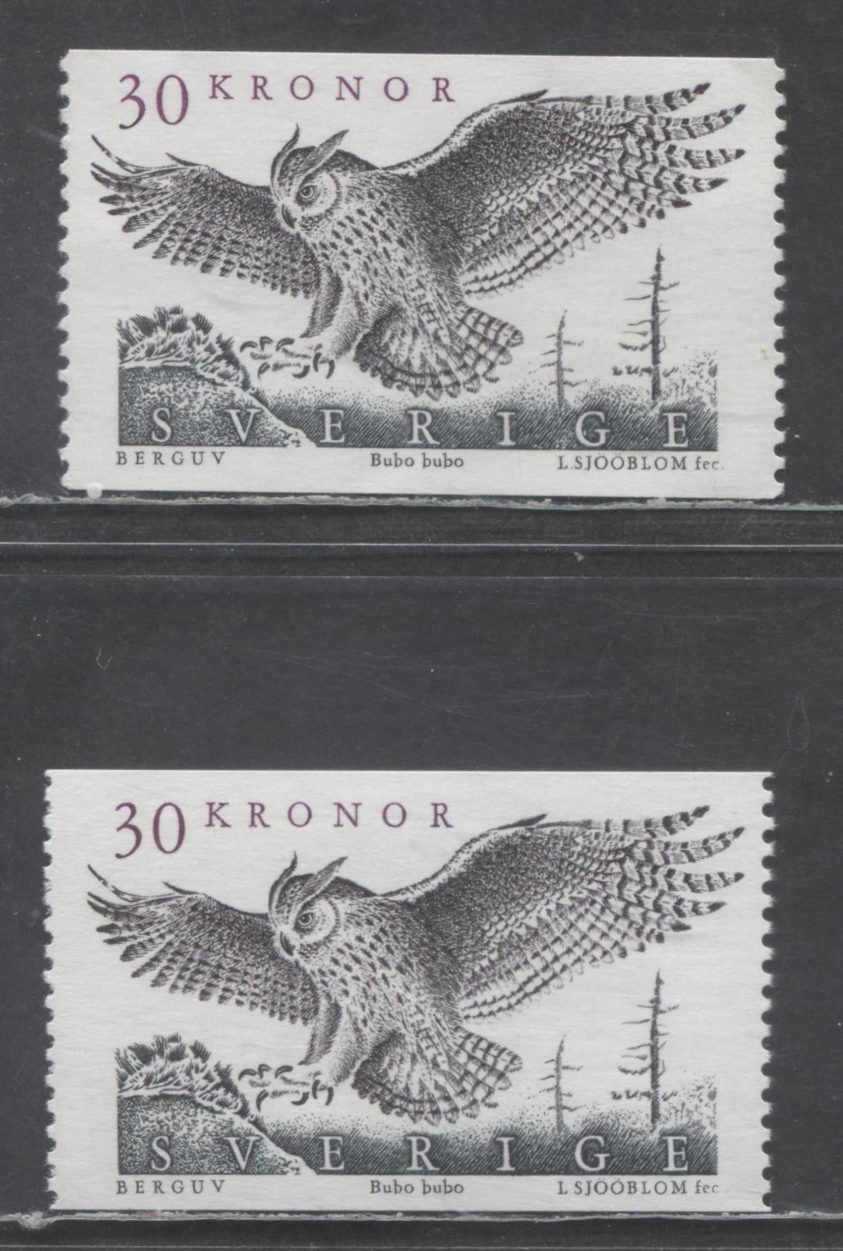 Sweden SC#1761 30Kr Multicoloured 1989 Eagle Owl High Value Definitive Issue, On NF and DF Papers, 2 VFNH Singles, Click on Listing to See ALL Pictures, Estimated Value $25