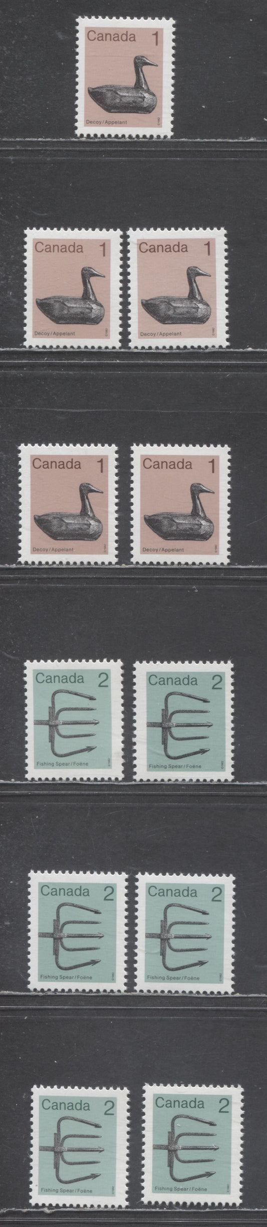 Canada #917iii,iv, 918ii,iii 1c & 2c Light Brown/Green & Multicolored Decoy - Fishing Spear, 1982-1897 Low-Value Artifact Definitives, 11 VFNH Singles On LF/LF, LF/F, Unlisted & Scarce F/HF Rolland Papers