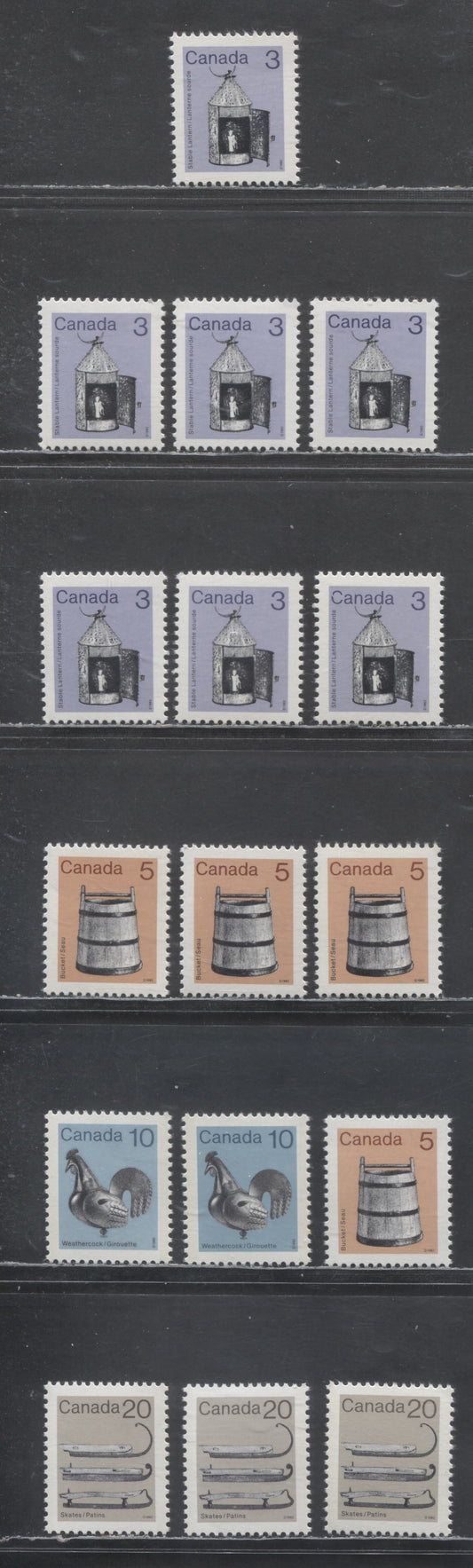 Canada #919-919ii, 920, 921, 922 3c-20c Purple/Gray Brown & Multicolored Lantern-Ice Skates, 1982-1897 Low-Value Artifact Definitives, 16 VFNH Singles With Many Unlisted Variations, Abitibi Paper Printings