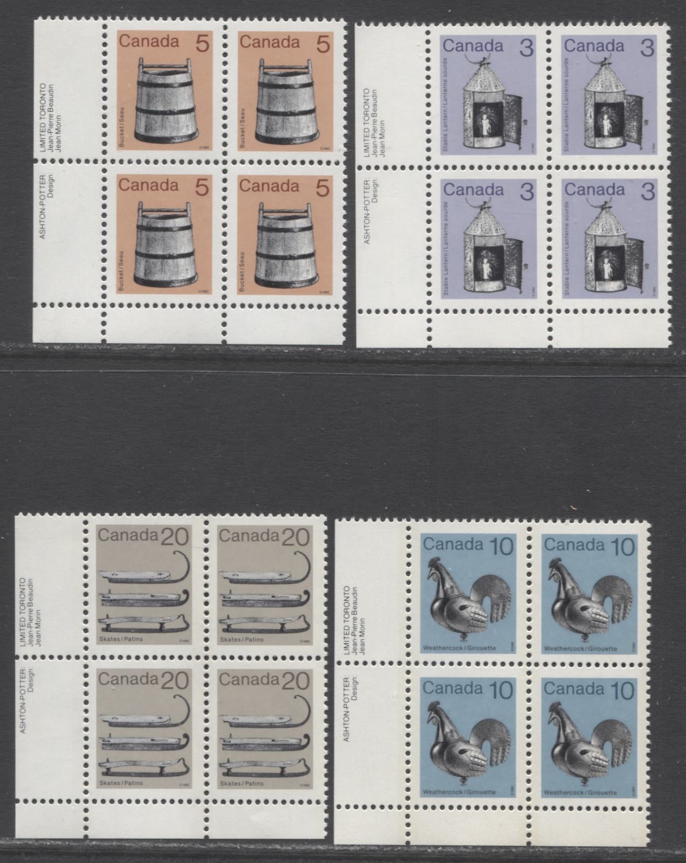 Canada #919i, 920-922 3c-20c Purple/Gray Brown & Multicolored Lantern-Ice Skates, 1982-1897 Low-Value Artifact Definitives, 4 VFNH LL Inscription Blocks Of 4 On LF3/LF3-fl (3c), DF1/DF1 (5c), NF/NF (10c) & DF1/NF (20c) Abitibi Papers