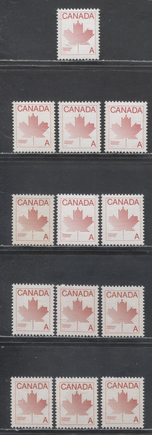 Canada #907,iii,ii A(30c) Red Maple Leaf, 1981 Non-Denominated 'A' Definitive, 13 VFNH Singles On Various Coated & Uncaoted Papers