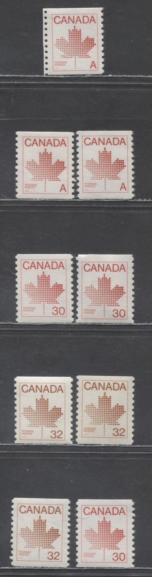 Canada #908,ii,950, 951,iii A(30c), 30c & 32c Red Maple Leaf, 1981-1983 Non-Denominated 'A' Definitive, 8 VFNH Singles On Various Abitibi & Clark Papers